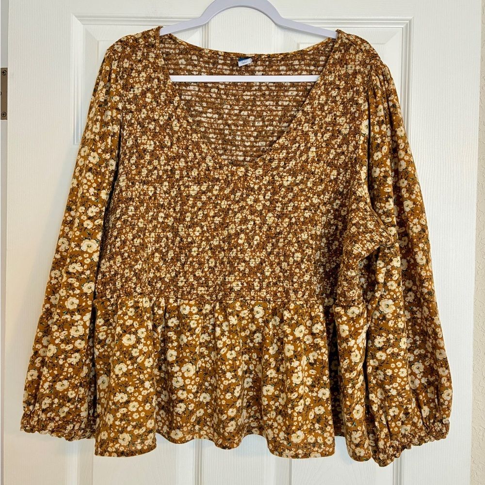 Old Navy Top Women’s 3X Brown Floral Smocked Peasant Blouse Boho Cottagecore